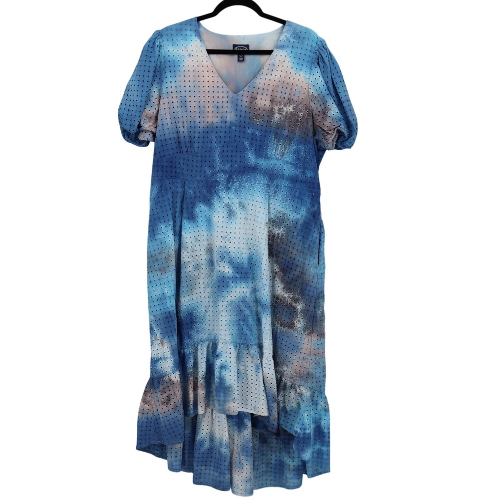 Scoop Tie Dye Eyelet Midi Dress Womens XXXL(22) Blue Coastal Resort Beach Travel